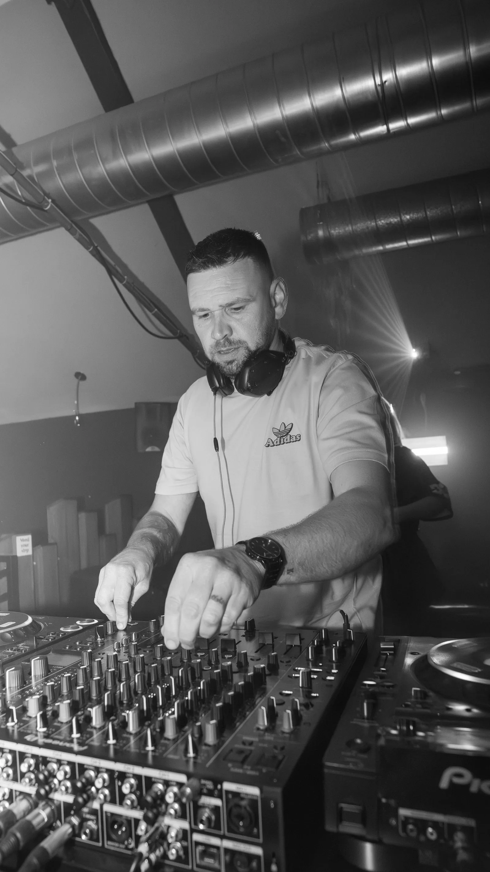 David Nimmo at the decks in black and white